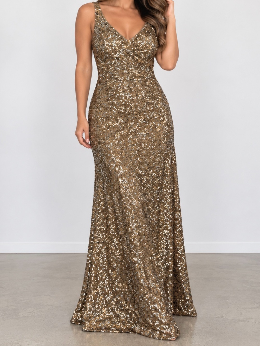Lauren Ralph Lauren Evening Gold Sequin Formal Maxi Gown